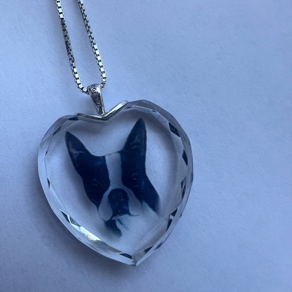 Boston terrier glass crystal heart necklace & sterling silver box chain NEW